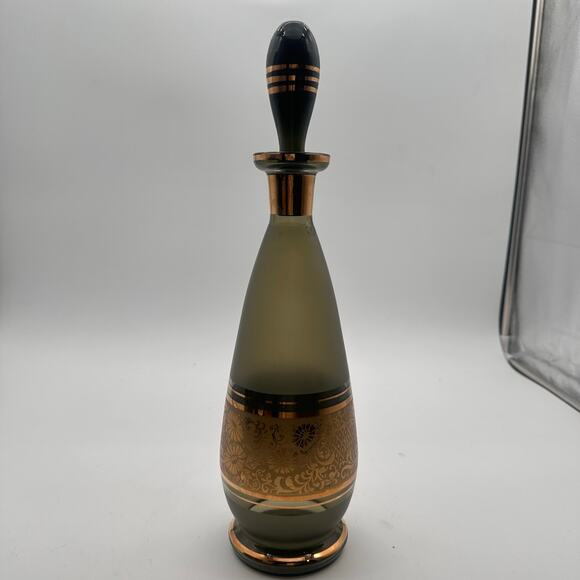 Vtg Moody Czech Bohemia Smokey Glass Decanter Gold Trim 11” carafe Green Gray - Picture 13 of 16